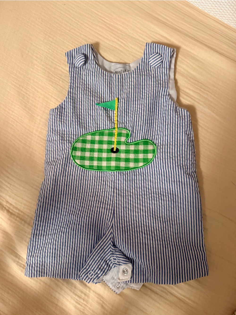 Blue Seersucker Baby Jon Jon with Green Golf Applique